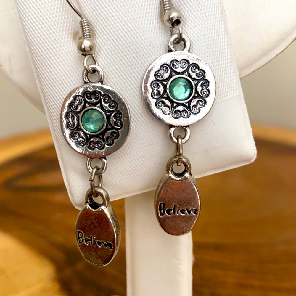 Dangle pierced earrings “Believe” charms - 2” long